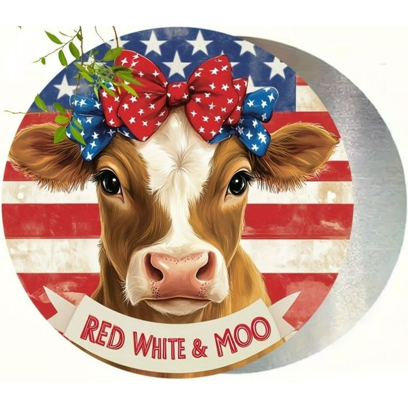 Vintage Red White & Moo Cow Metal Sign Patriotic 4th July Porch Holiday Decor