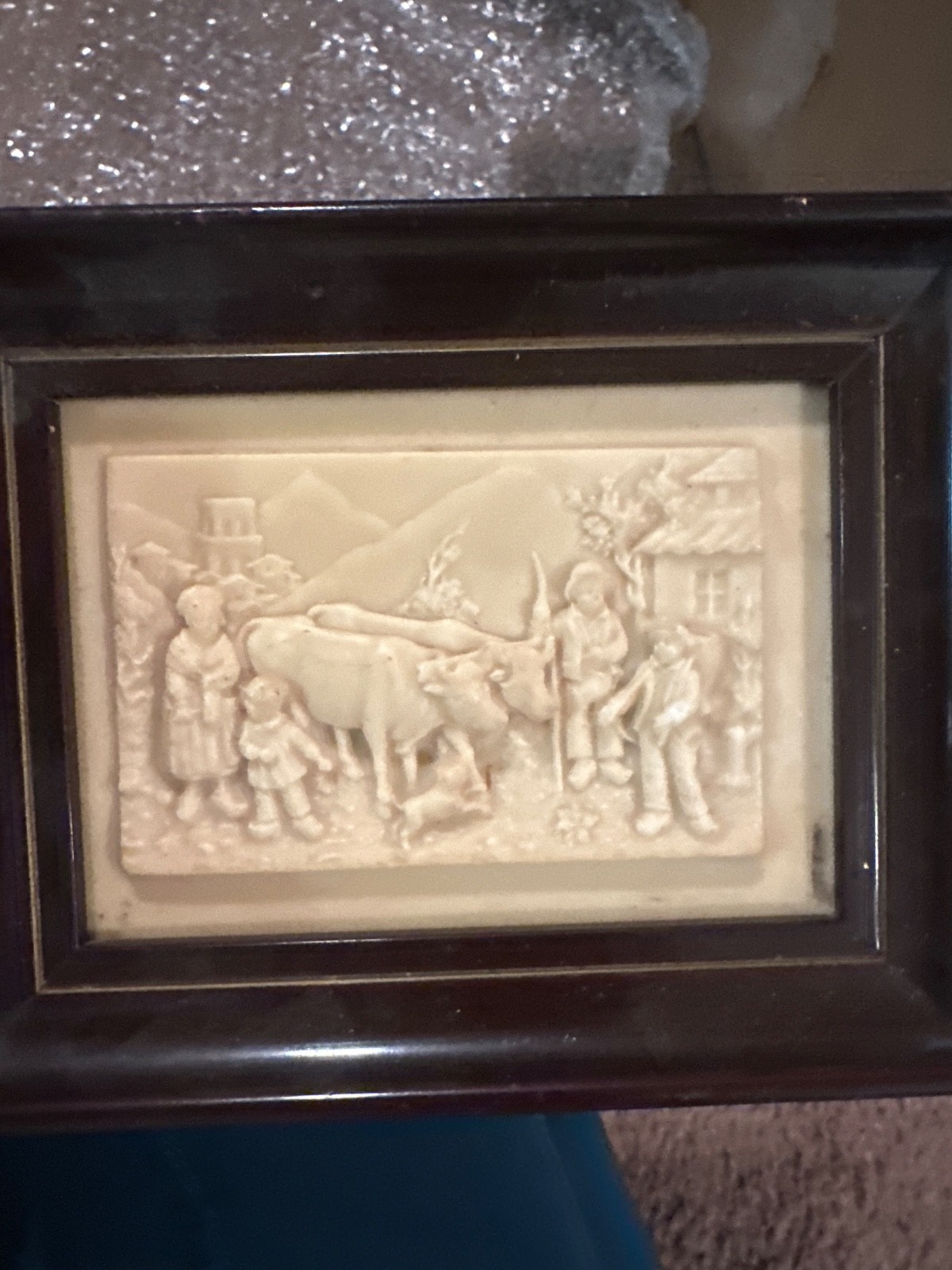 Antique Framed Limestone Bas Relief Plaque Rural Village Scene Folk Art Decor