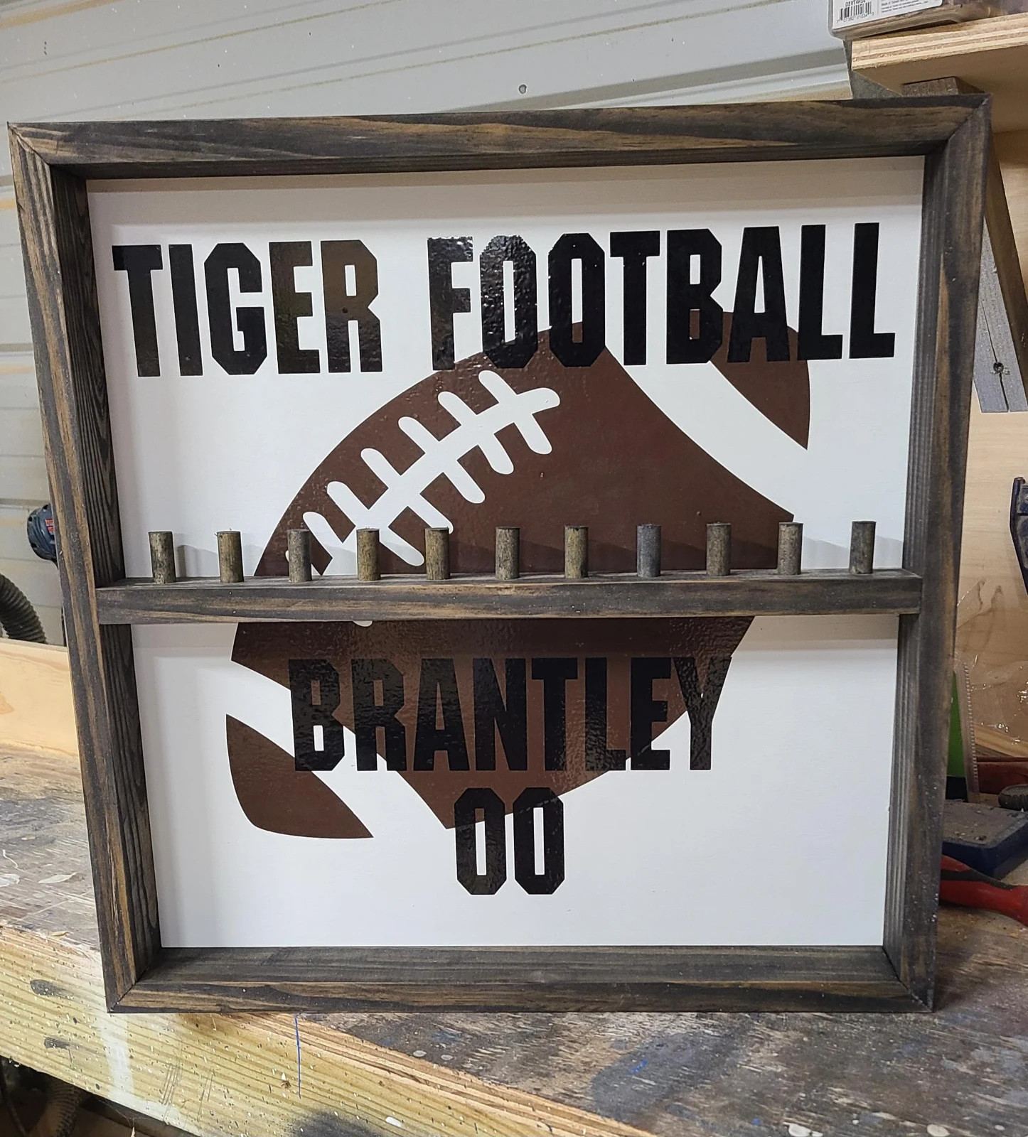 Personalized Football Ring Display: Handmade Wood Trophy Shelf, Boys Room Decor