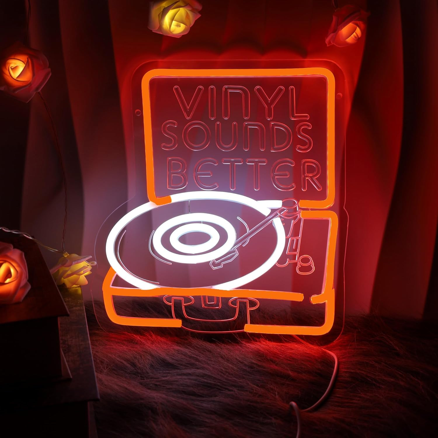 Vinyl Sounds Better Neon Sign for Record Shop, Musical Decor Neon Record Sign fo