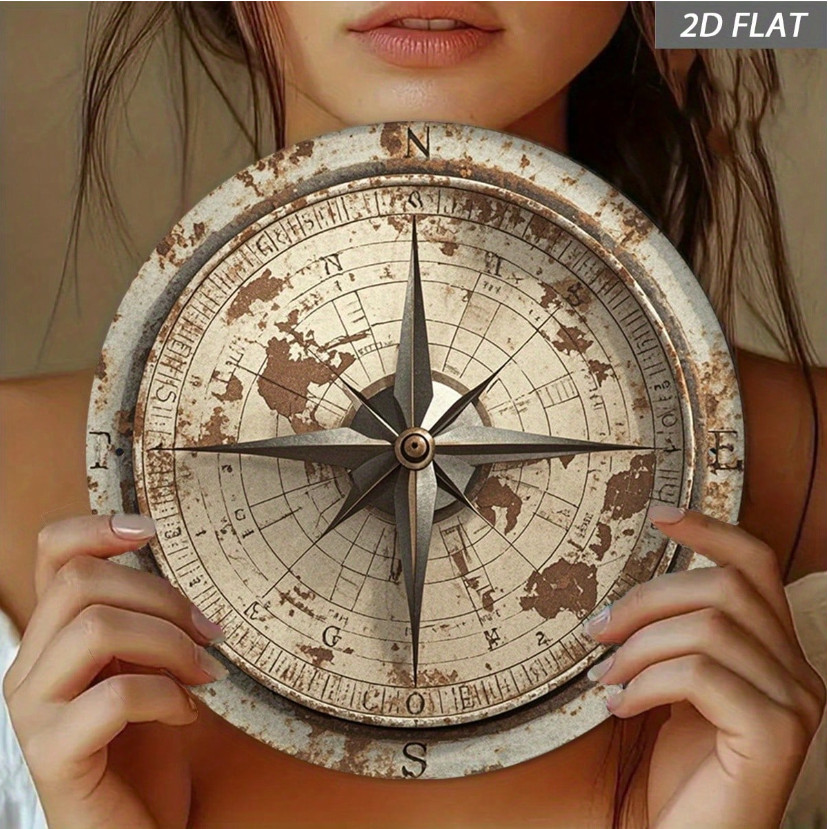 A Retro Compass Wall Decoration 8X8 in Circular Aluminum Sign Featuring A Weath