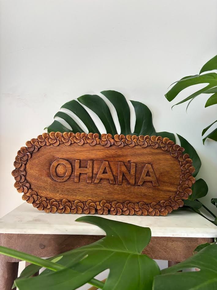 Hawaii Hand Made Wall Hanging Decor Plaques Carved Wood «OHANA» Plumeria Flower