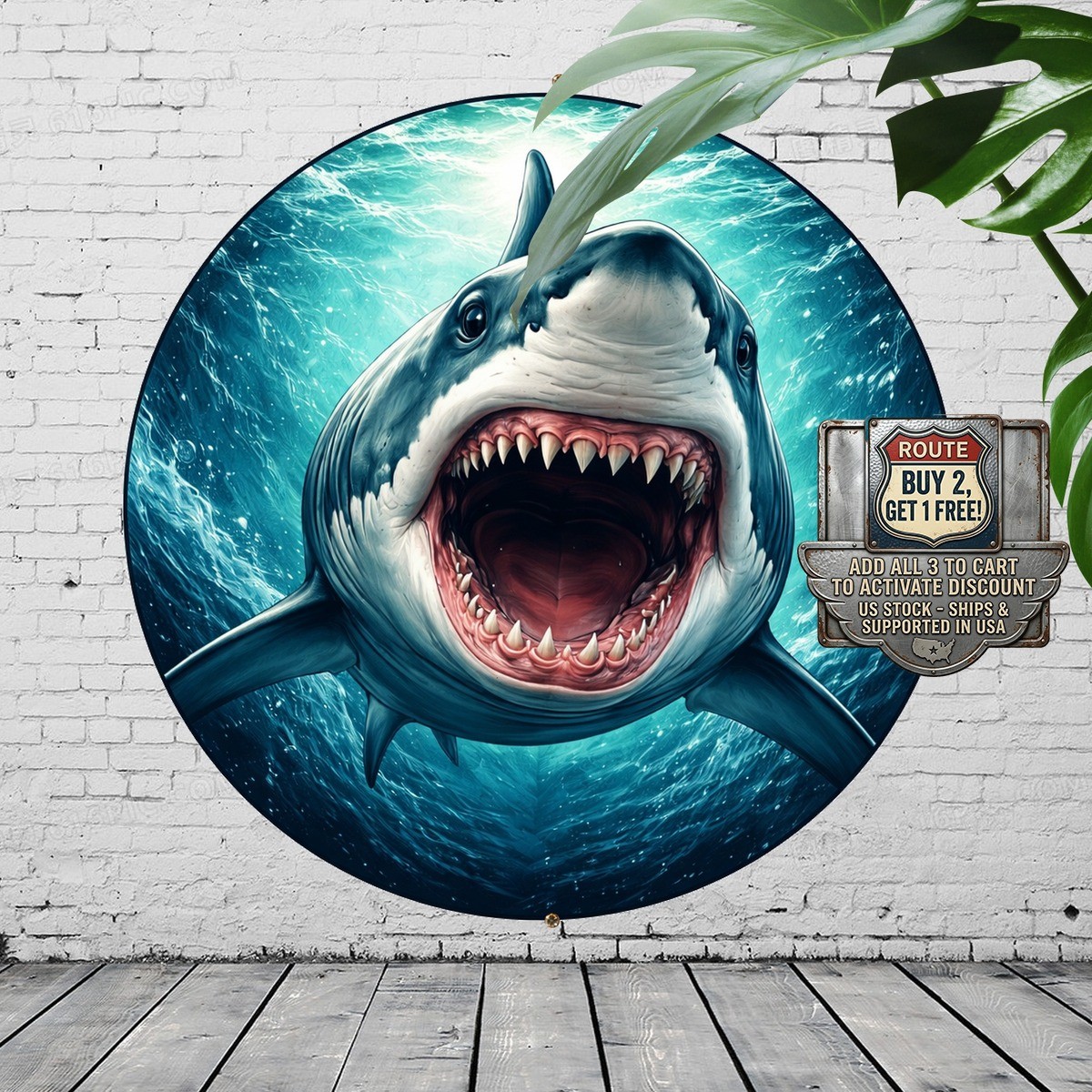 Great White Shark Round Tin Sign 8×8 Nautical Ocean Sea Wall Decor
