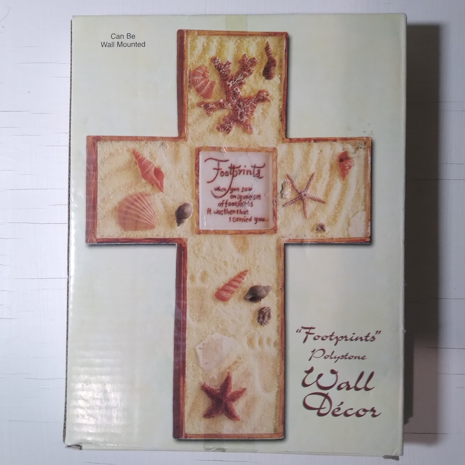 Hanging Cross Footprints In The Sand Seashells 11.5″ Tall Beach Theme Wall Mount