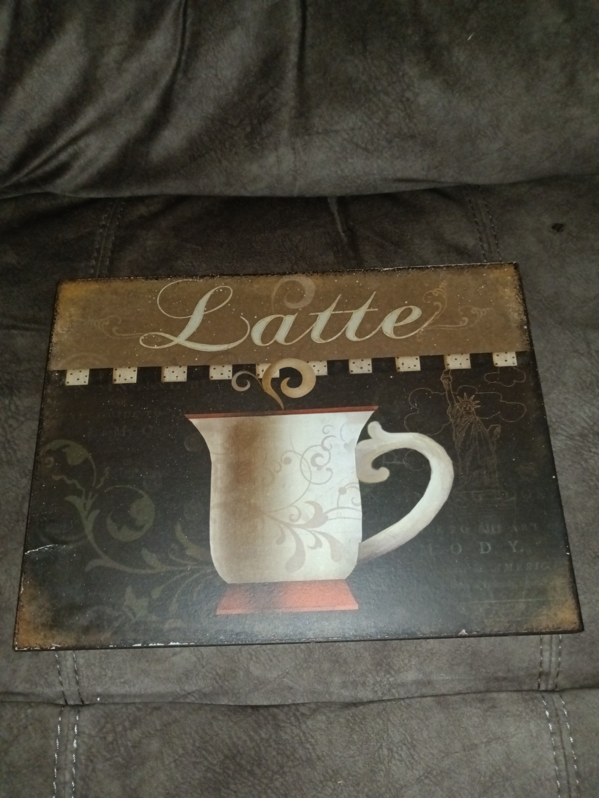 Latte Coffee Pictorial Metal Wall Plaque Sign, Rectangle, Vertical, Brown 12×9