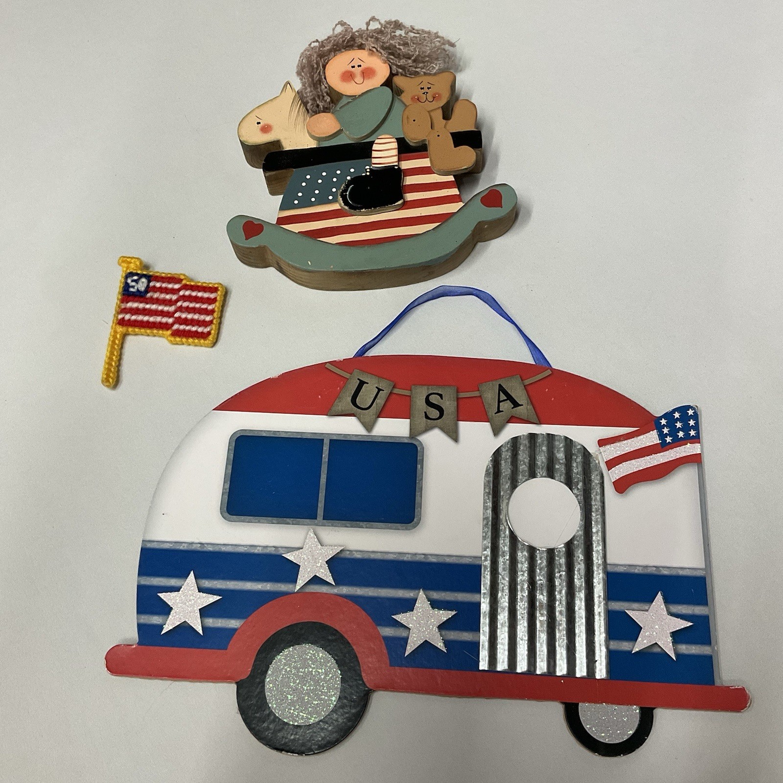 America 4th of July Decoration Lot of 3: Camper Hanging Sign, Pin, Wood Cutout