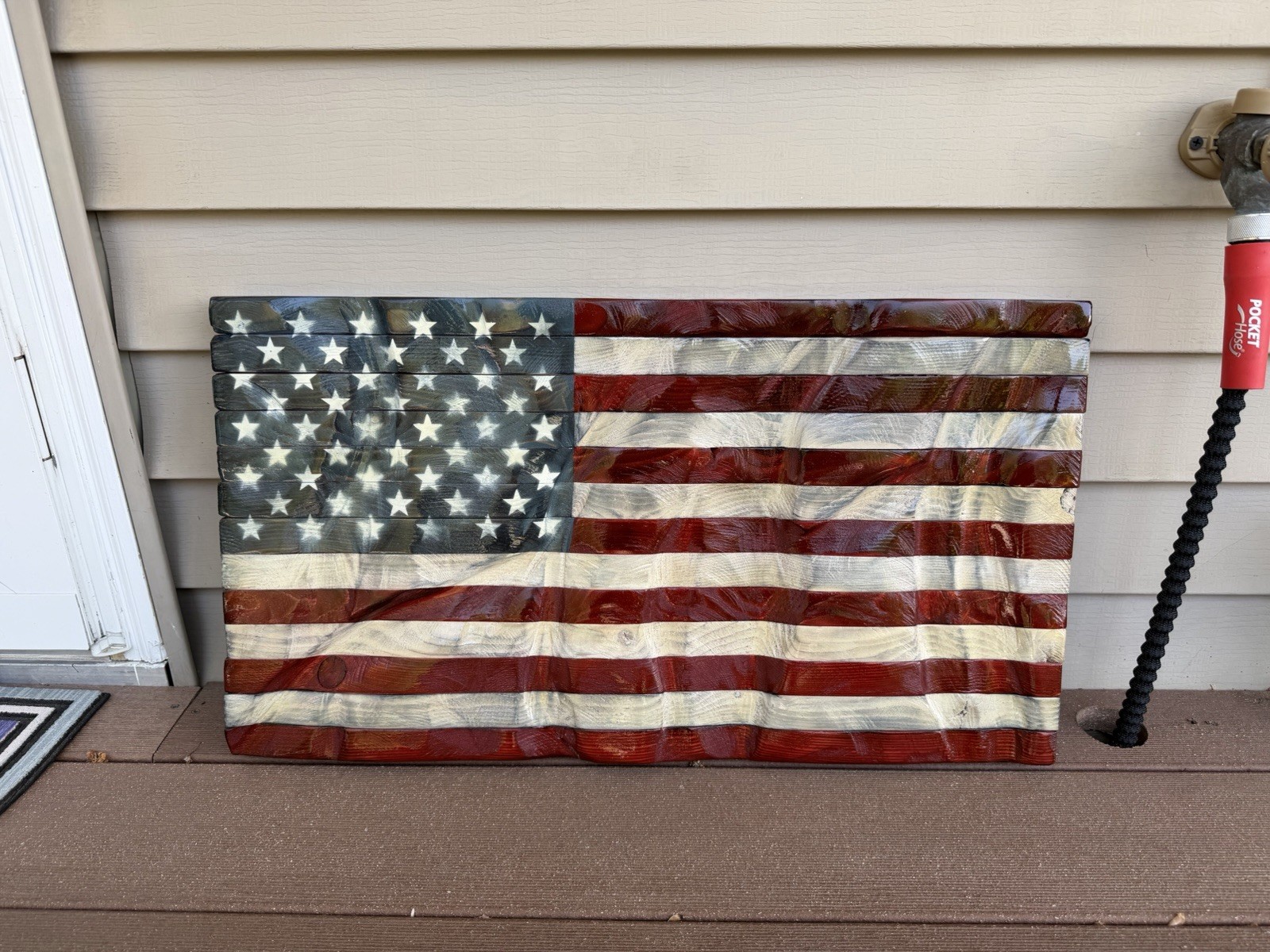 Handmade Rustic Wooden American Flag Carved Wavy Patriotic Decor Made in USA
