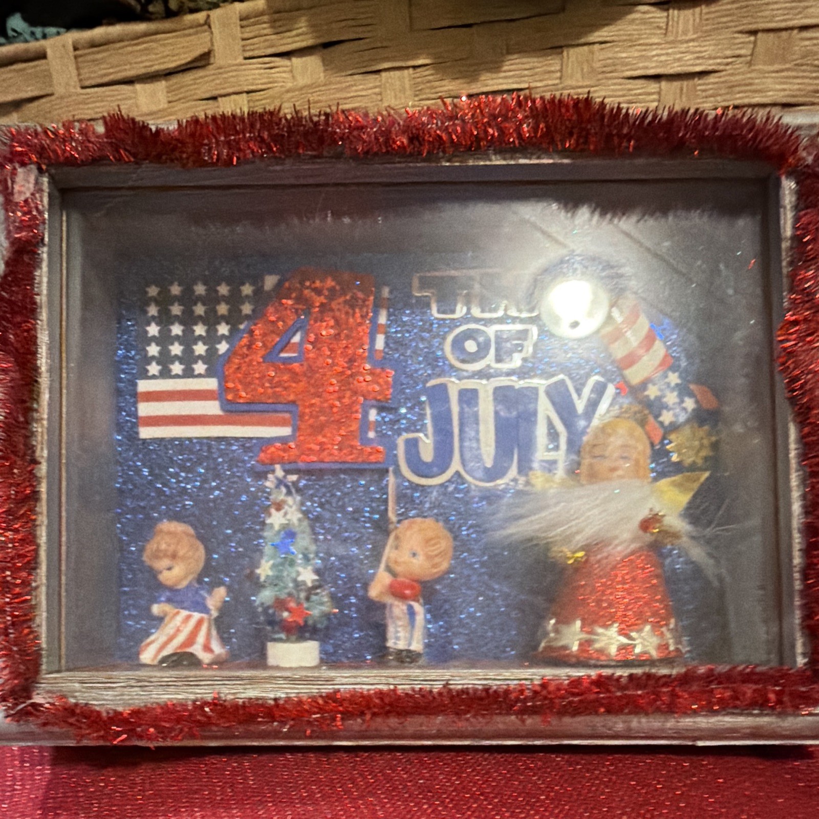 Framed 4th of July Patriotic Wood Plaque Glitter Stars Red Blue White
