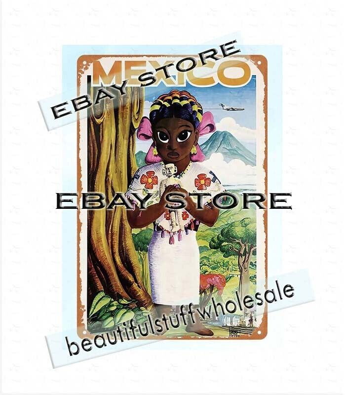 vintage travel Mexico Poster Mexican art little girl metal tin sign garage signs