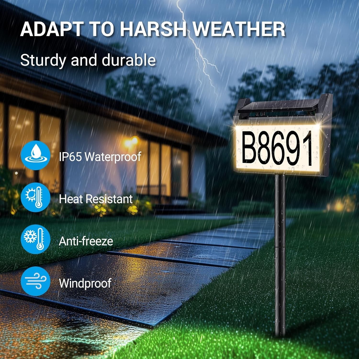 Solar House Number Sign LED Illuminated Outdoor Address Plaque Waterproof