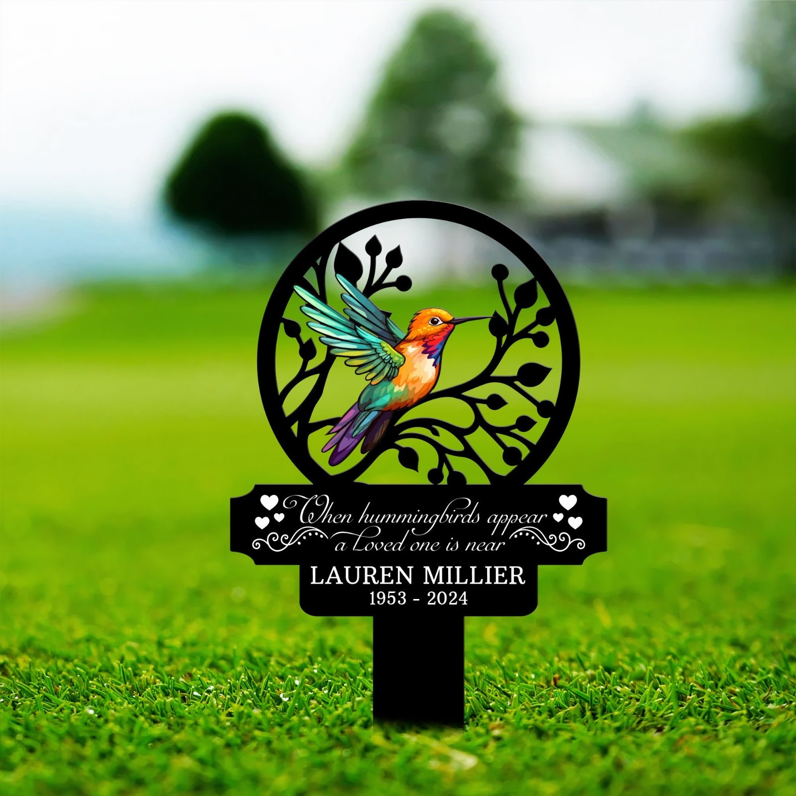 Personalized Hummingbird Memorial Garden Stake, Custom Name Grave Marker