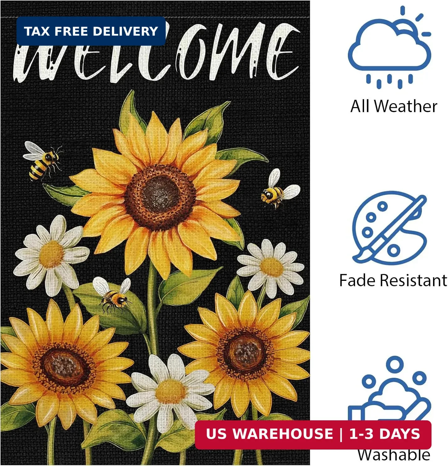 Heyfibro Spring Summer Welcome Garden Flag 12×18 Double Sided Burlap, Bee & Dais
