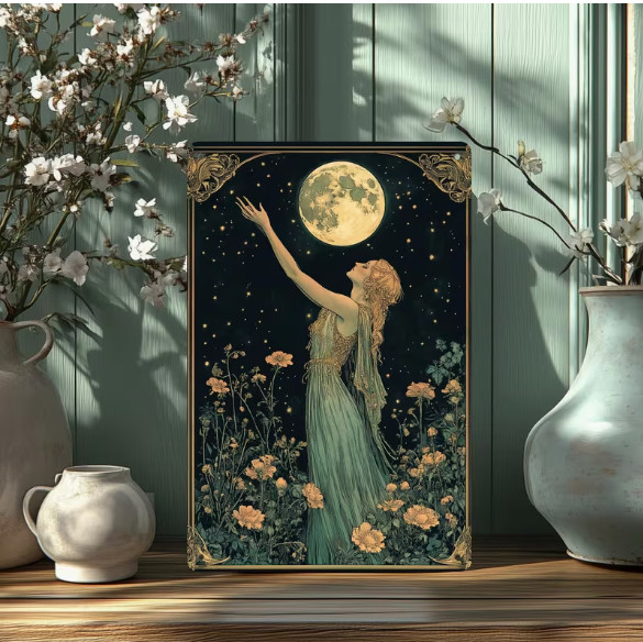 METAL ART- Moon Goddess Vintage Style, with Floral Decoration, 8×12 Inch