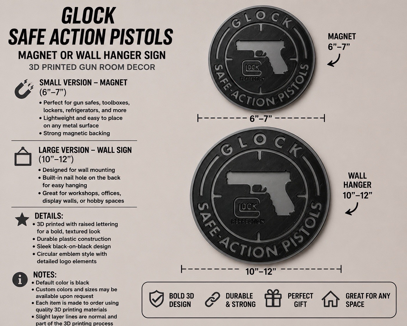 GLOCK Safe Action Pistols Magnet or Wall Hanger Sign 3D Printed Decor