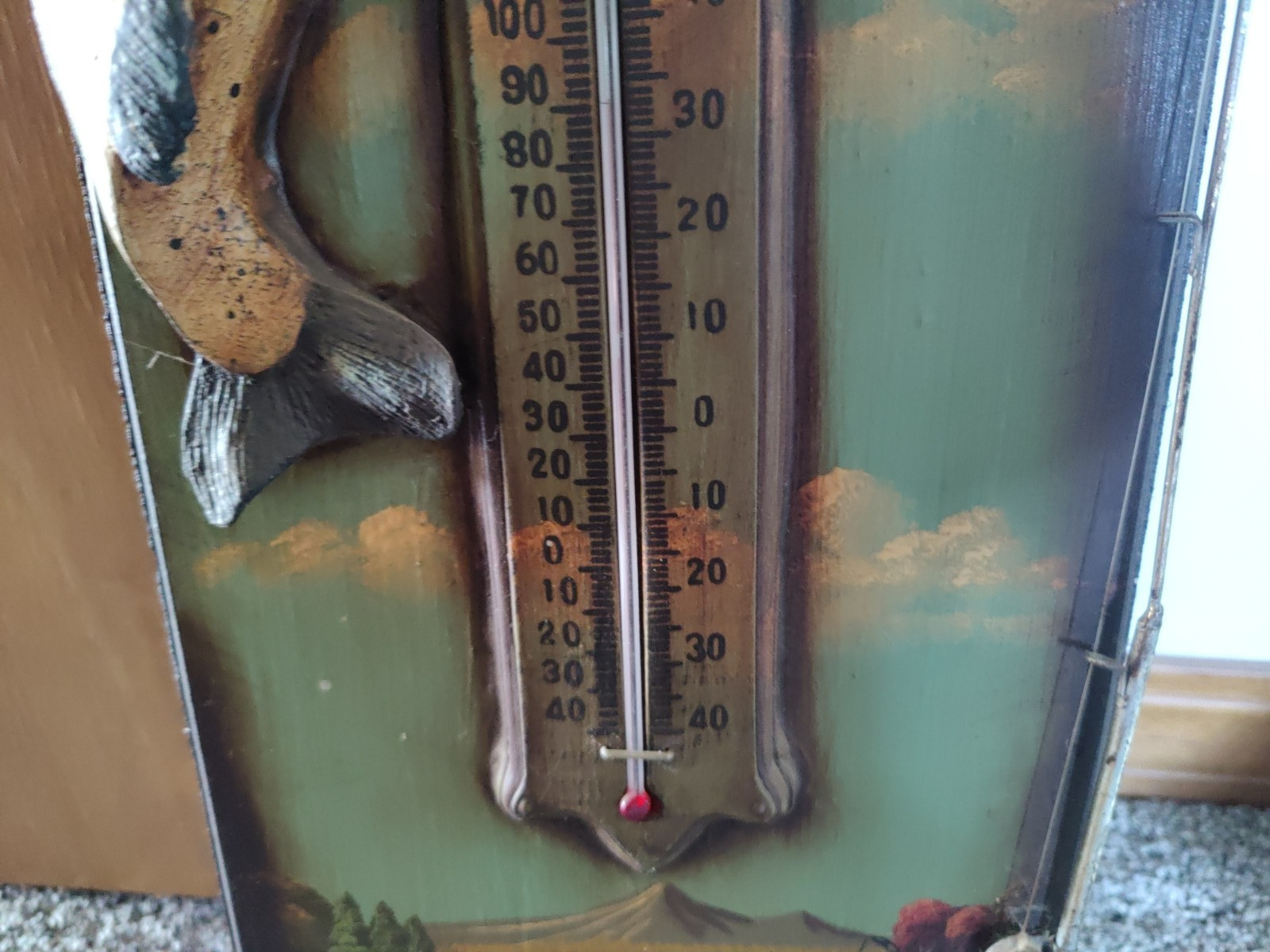 Vintage Fishing Decor – 24″ Painted Wall Plaque w/Thermometer ~ 3D Fish & Pole