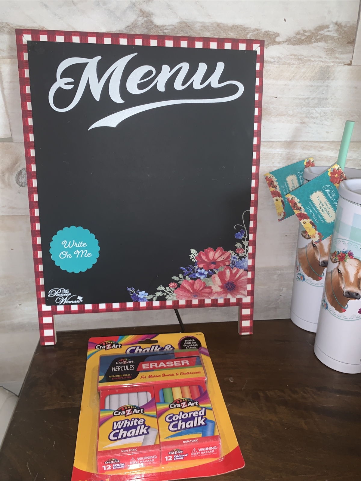 NEW Pioneer Woman Painted Gingham Chalkboard Menu Sign + colored chalk & eraser
