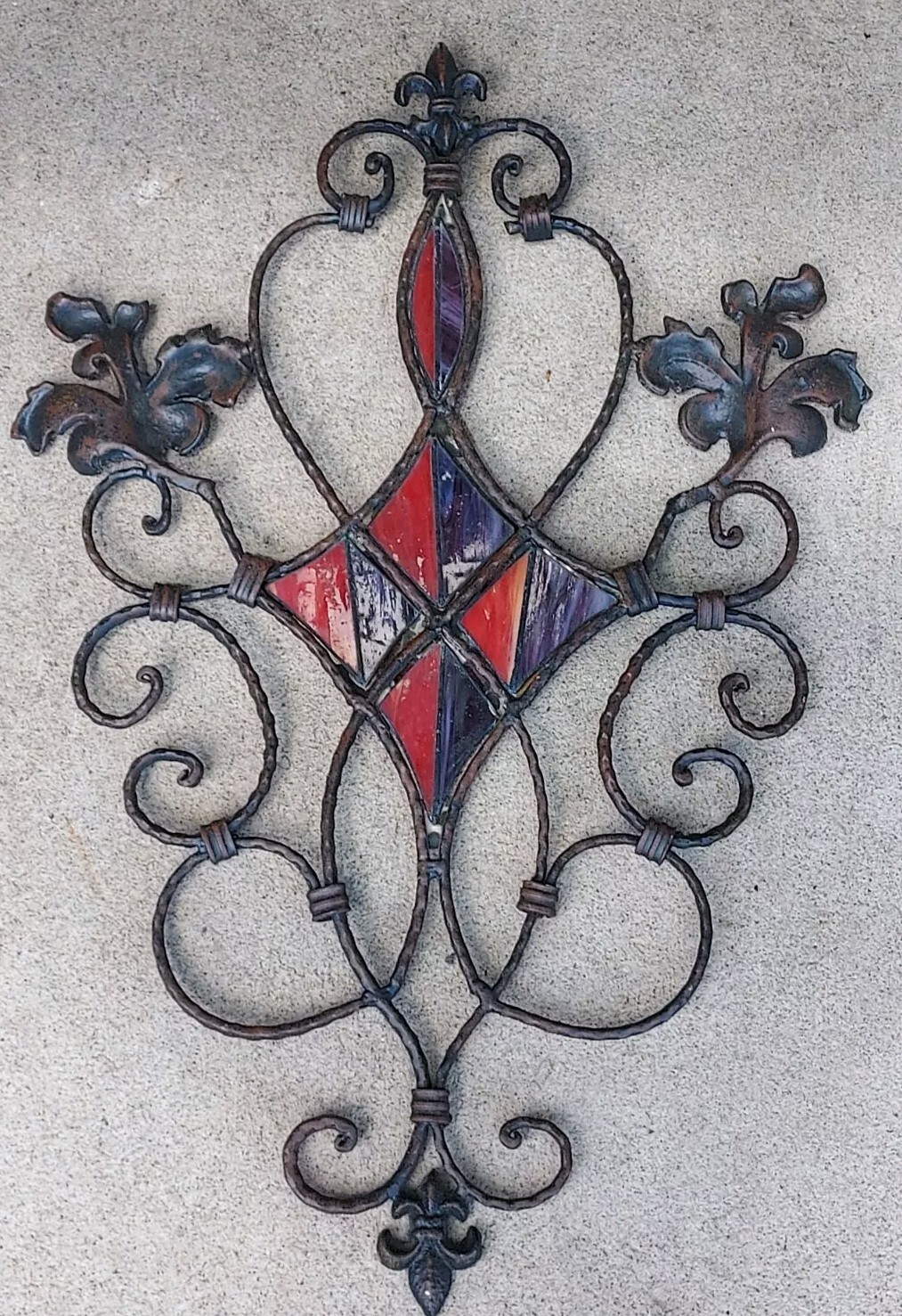 Wrought Iron Stained Glass Gothic Window Wall Hanging Plaque 26.5″ x 17.5″