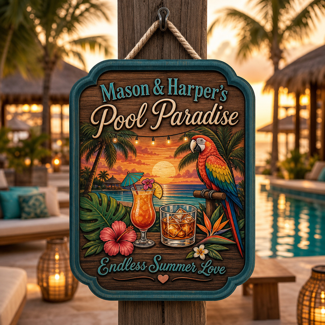 Personalized Pool Paradise Wooden Sign Tropical Parrot Cocktail Gift for Couples