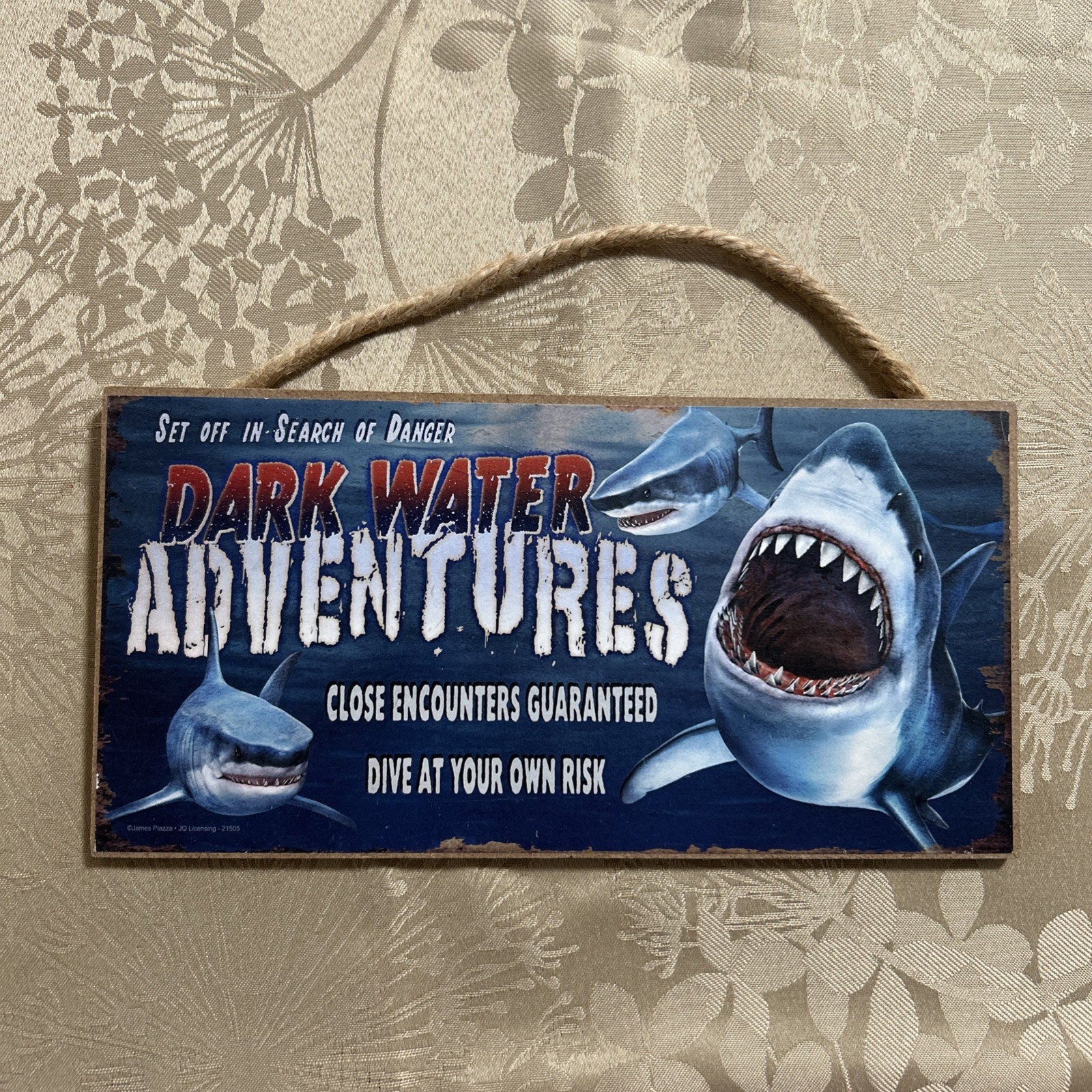 GREAT WHITE SHARK TOUR SIGN Nautical Beach Sailing Boat Home Decor Blue Wood