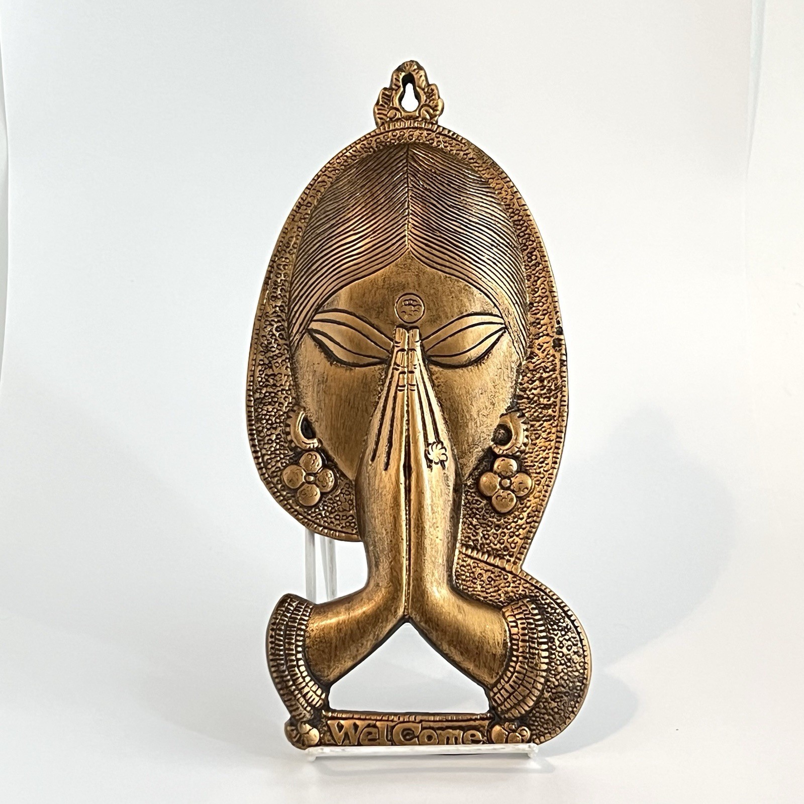 Welcome Namaste Lady Metal Hanging Wall Decor Entrance Decor Gold Color 11.5”