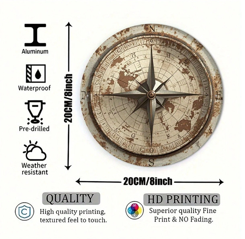 A Retro Compass Wall Decoration 8X8 in Circular Aluminum Sign Featuring A Weath
