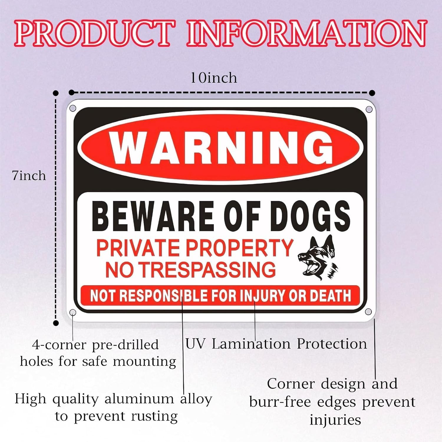 4 Pack Beware of Dog Sign Private Property No Trespassing Dog Warning Signs