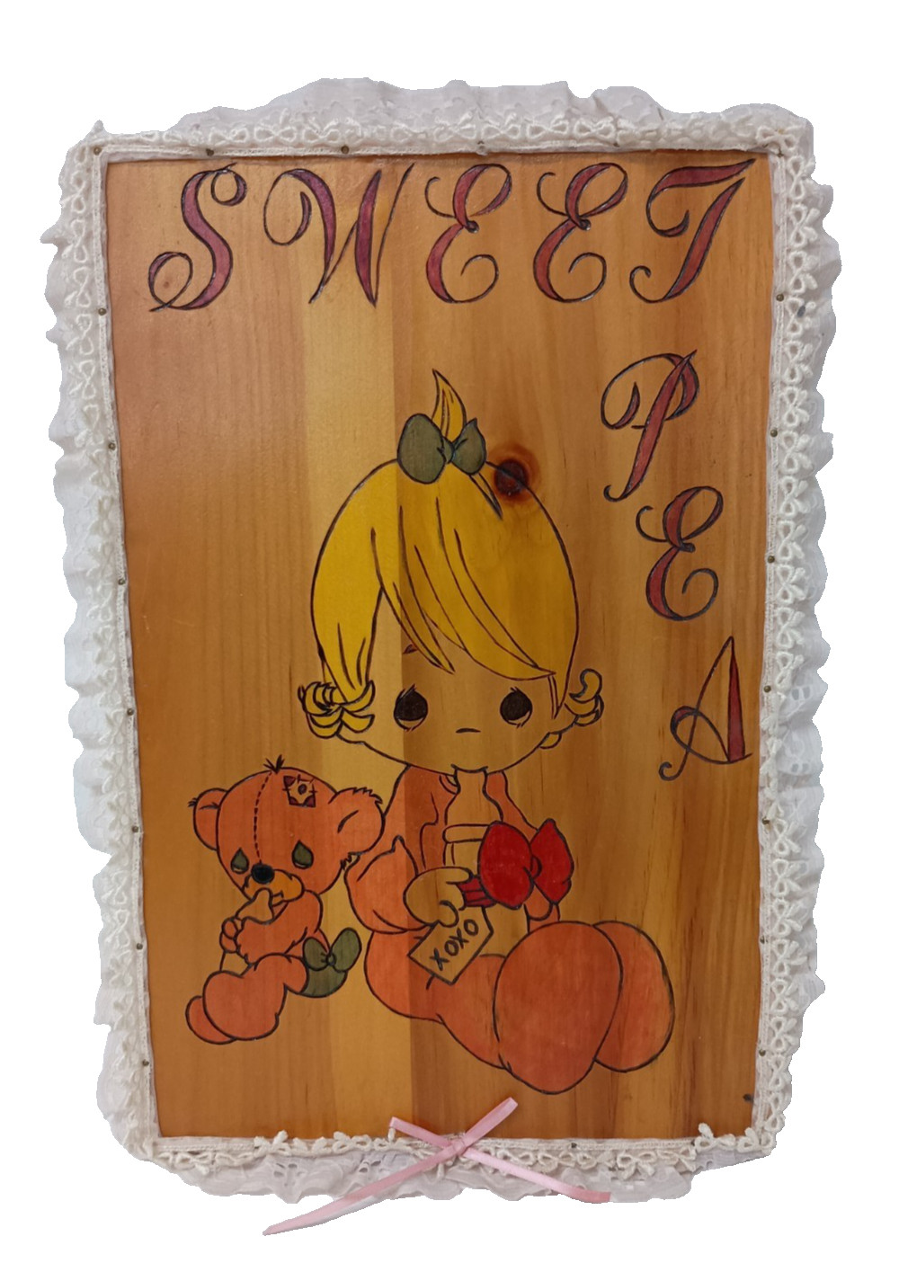 Vintage Girl With a Teddy Bear Sweet Pea Wood Wall Art Hanging Plaque Handmade