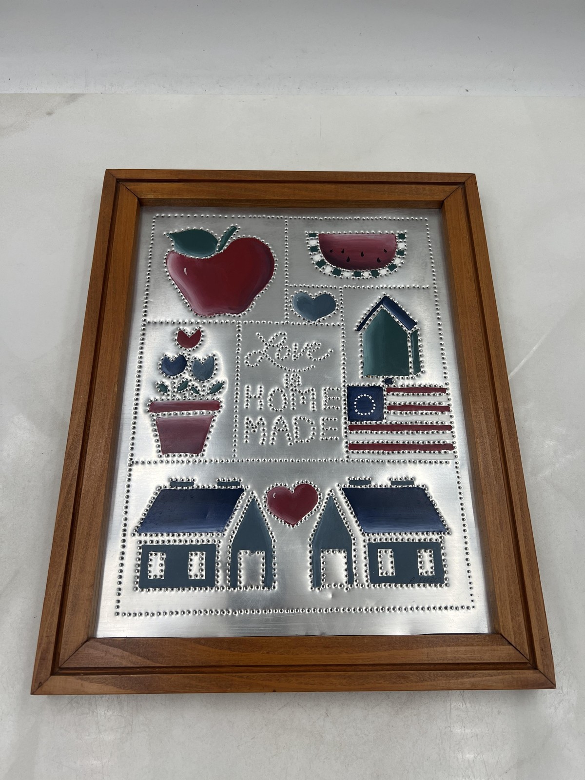 Americana Folk Art Embossed Metal Framed Wall Art Plaque Signed Tin Punch Flag