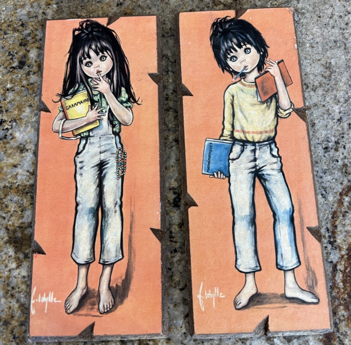 Vtg F. Idylle Composite Wood Art Plaque Italy Pair Big Eyes Fashion Girl 60s