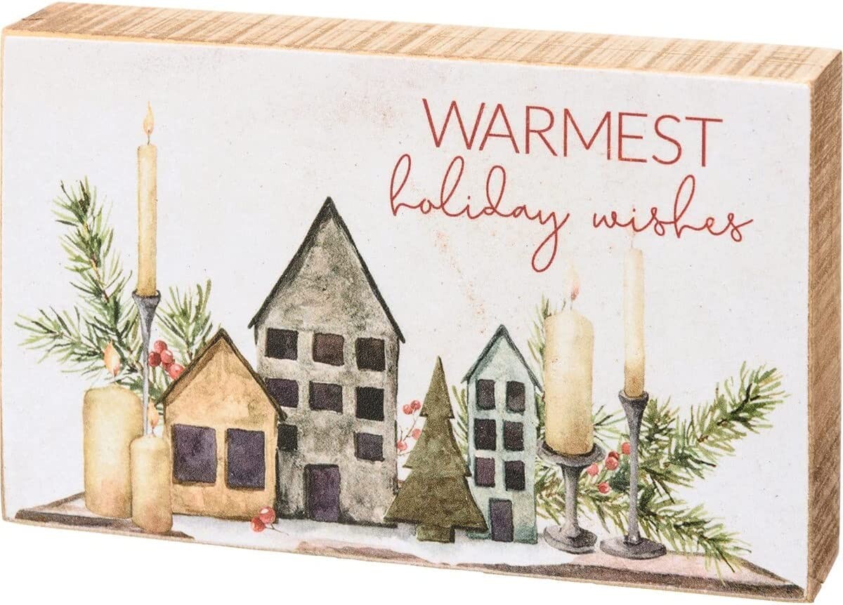 Warmest Holiday Wishes Primitives by Kathy Wood Block Sign 3 in x 5 in