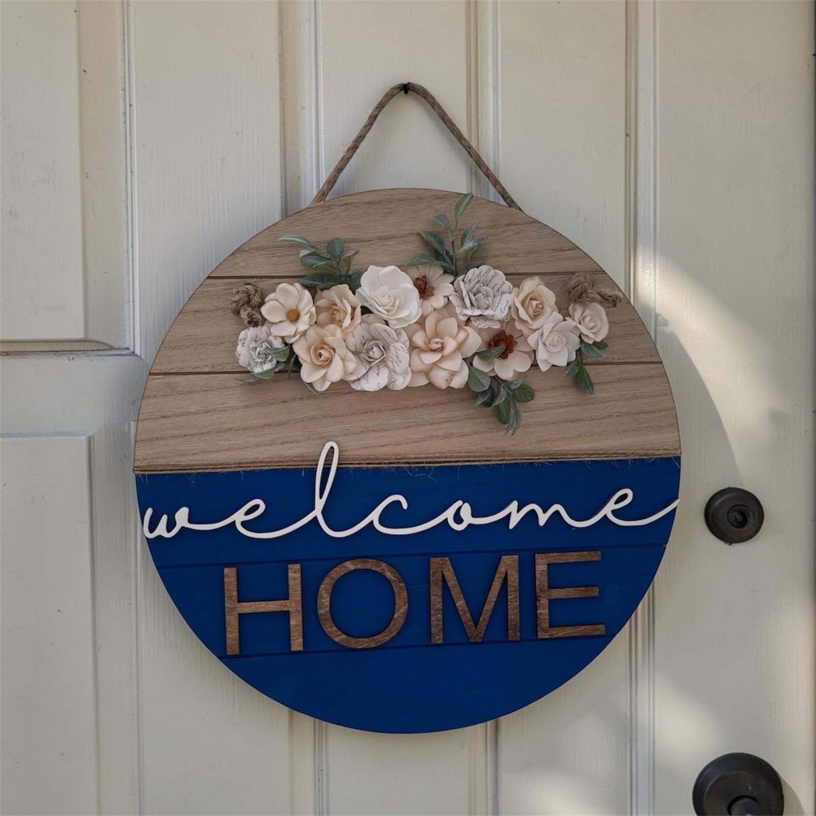 Round Floral Welcome Wood Hanging Sign Blue Beige Rope Painted Door Wall