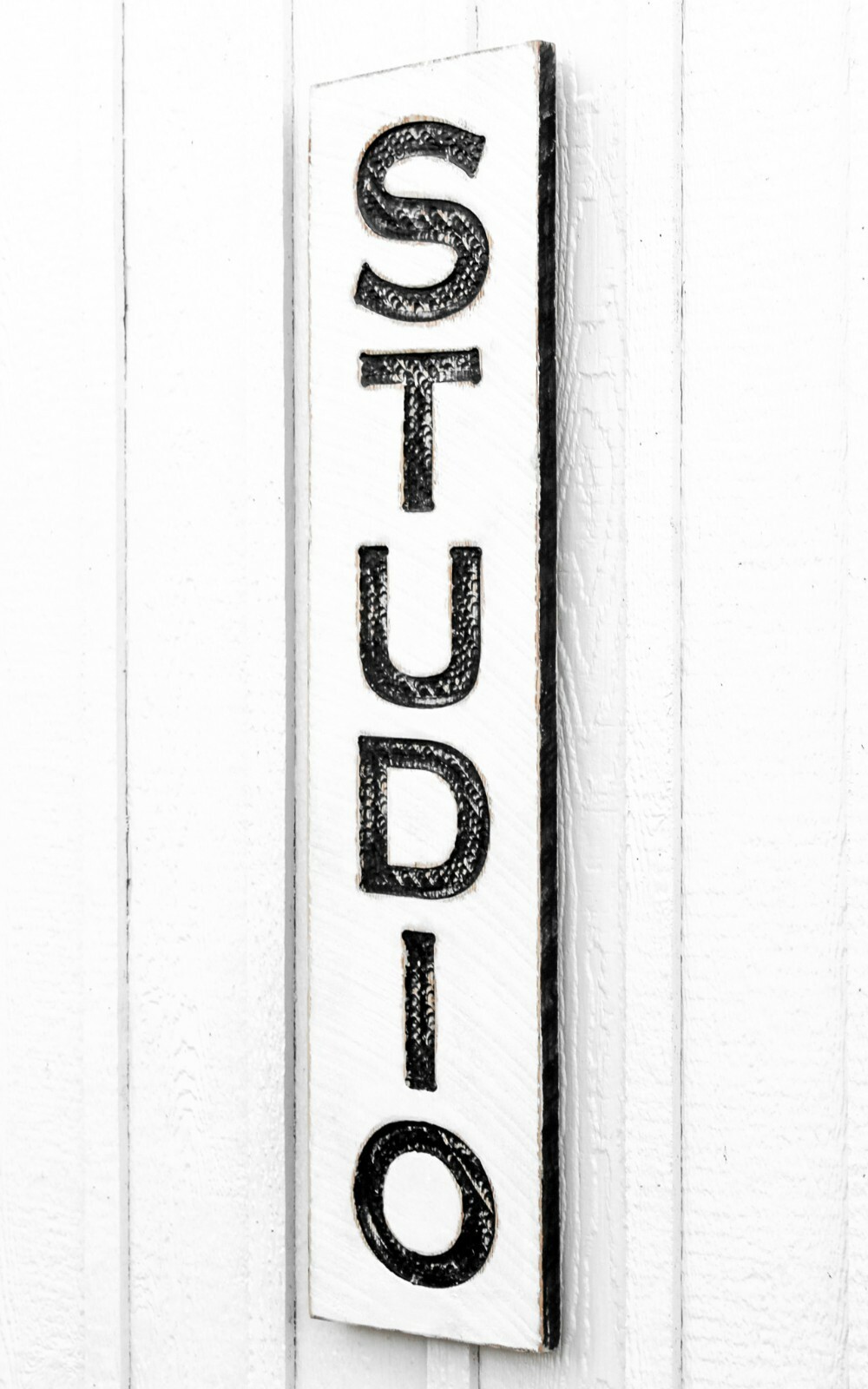 Vertical Studio Sign – Carved in a Solid Wood Board Rustic Distressed Office