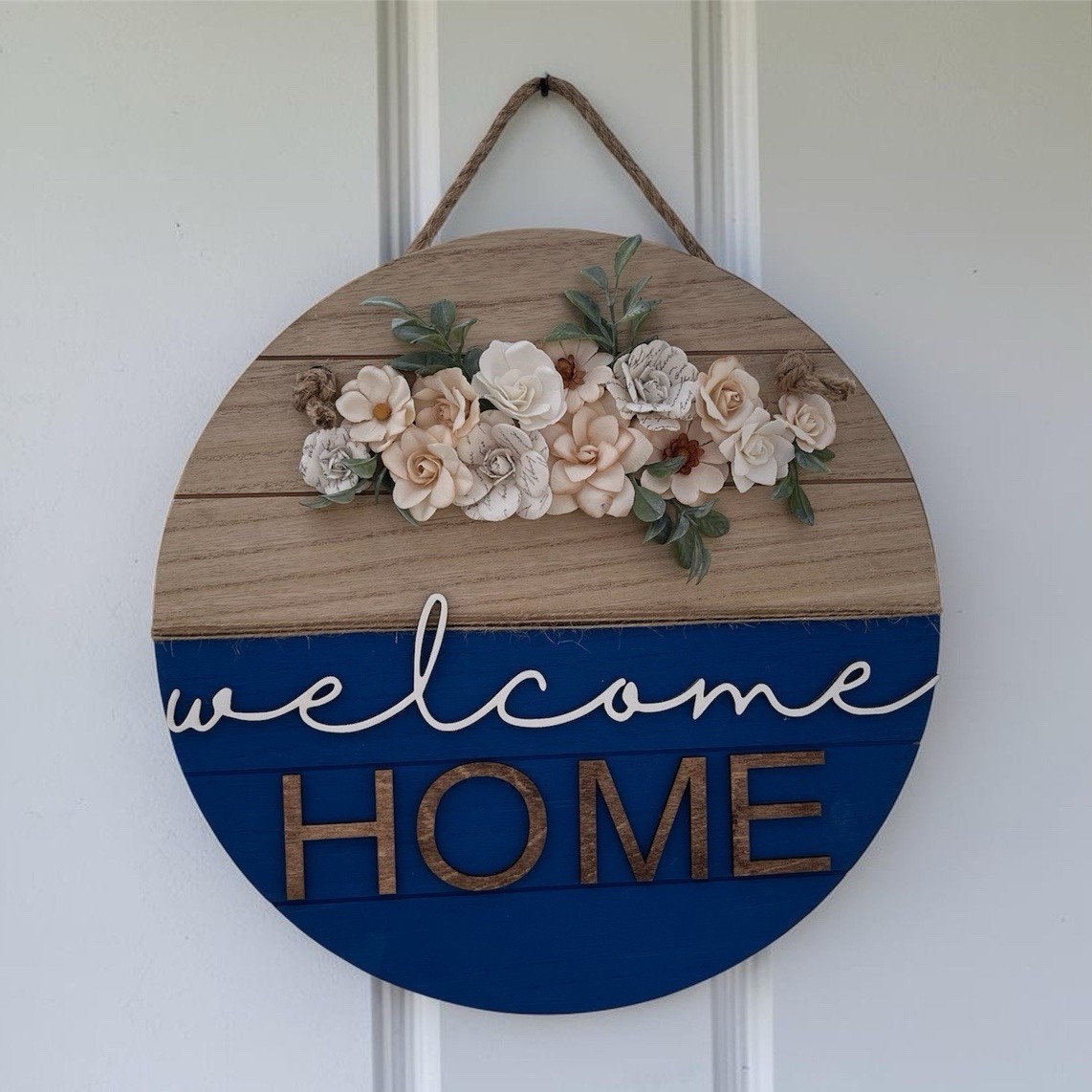 Round Floral Welcome Wood Hanging Sign Blue Beige Rope Painted Door Wall