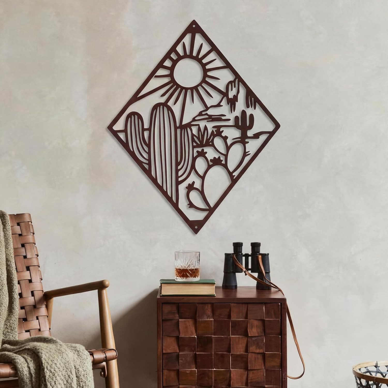 Metal Cactus Wall Art Decor Dark Brown Matte Hollow 15.8×12.2″ Home Office