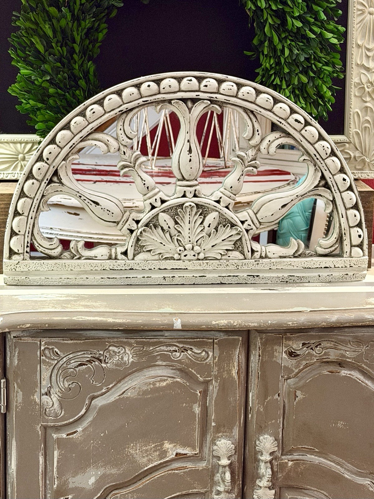VTG Inspired Whitewashed Halfmoon/Mirrored Decorative Architectural Wall Plaque