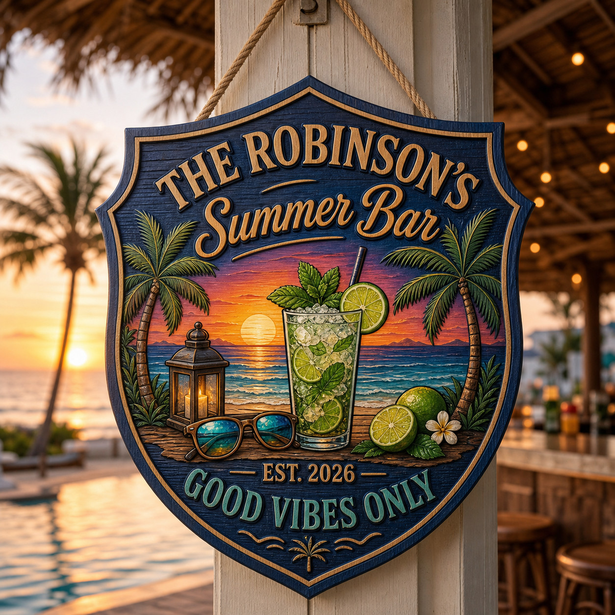 Personalized Wooden Sign Tropical Bar Sunset Family Gift for Patio or Poolside
