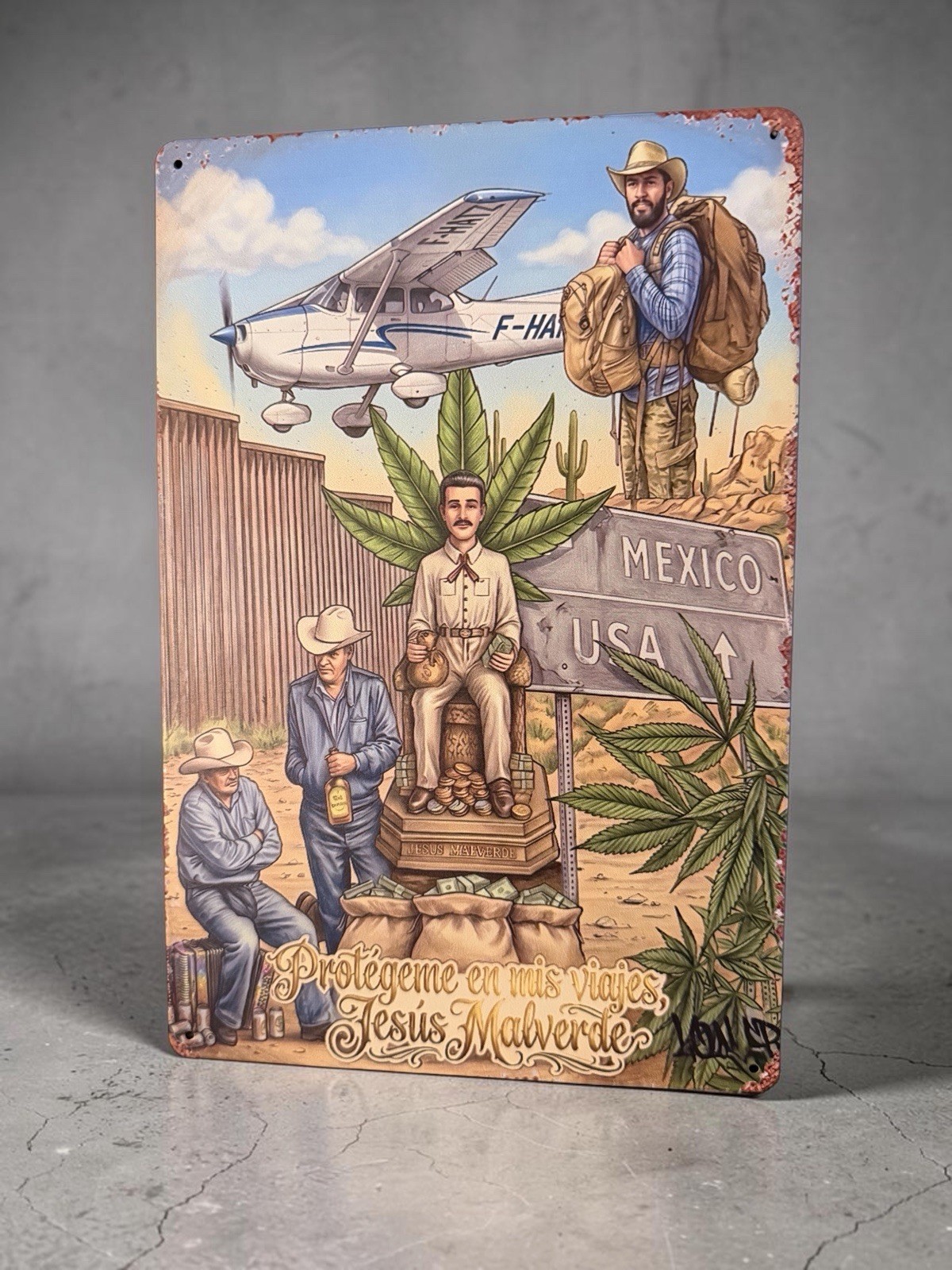 Jesus Malverde Mexico USA Religious Travel Metal Wall Sign, Rustic Multicolor