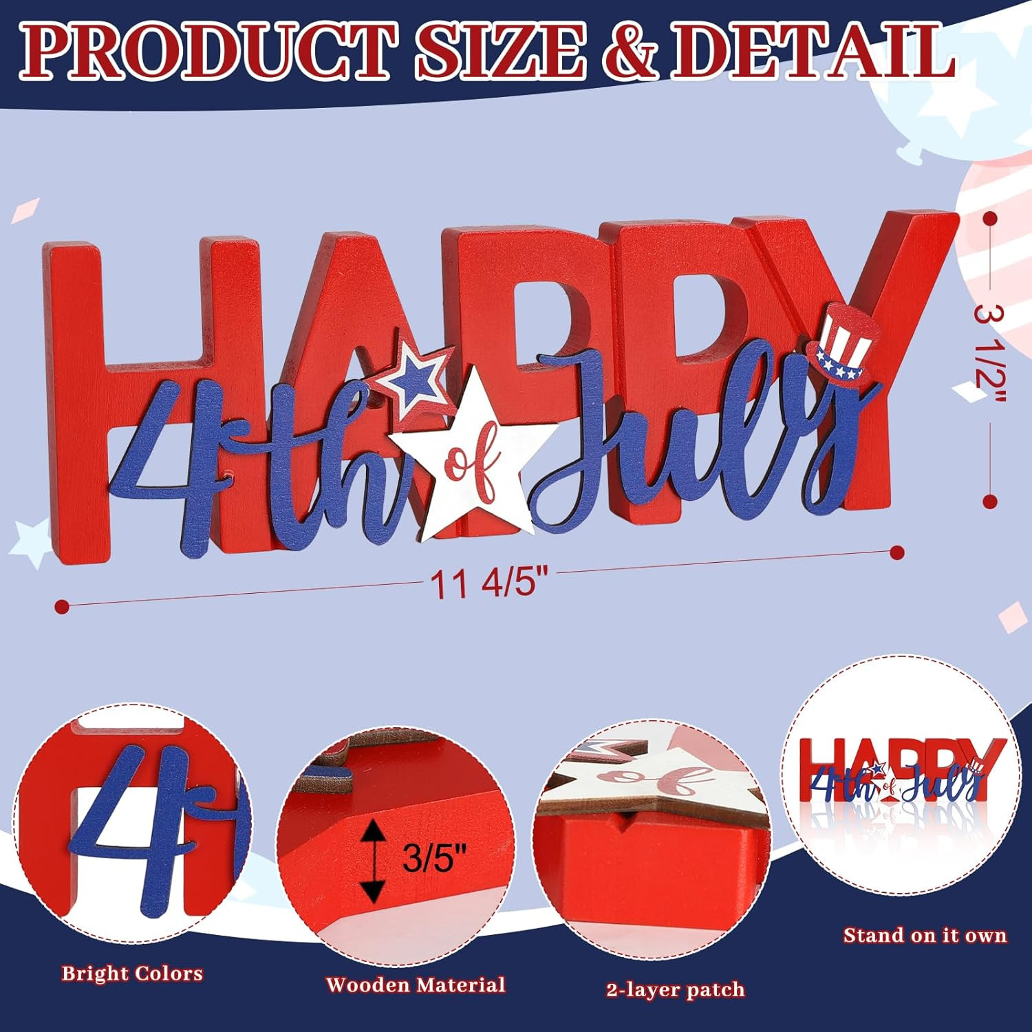 Wooden Happy 4Th of July Sign, Fourth of July Decorations for Home, Office, Shel