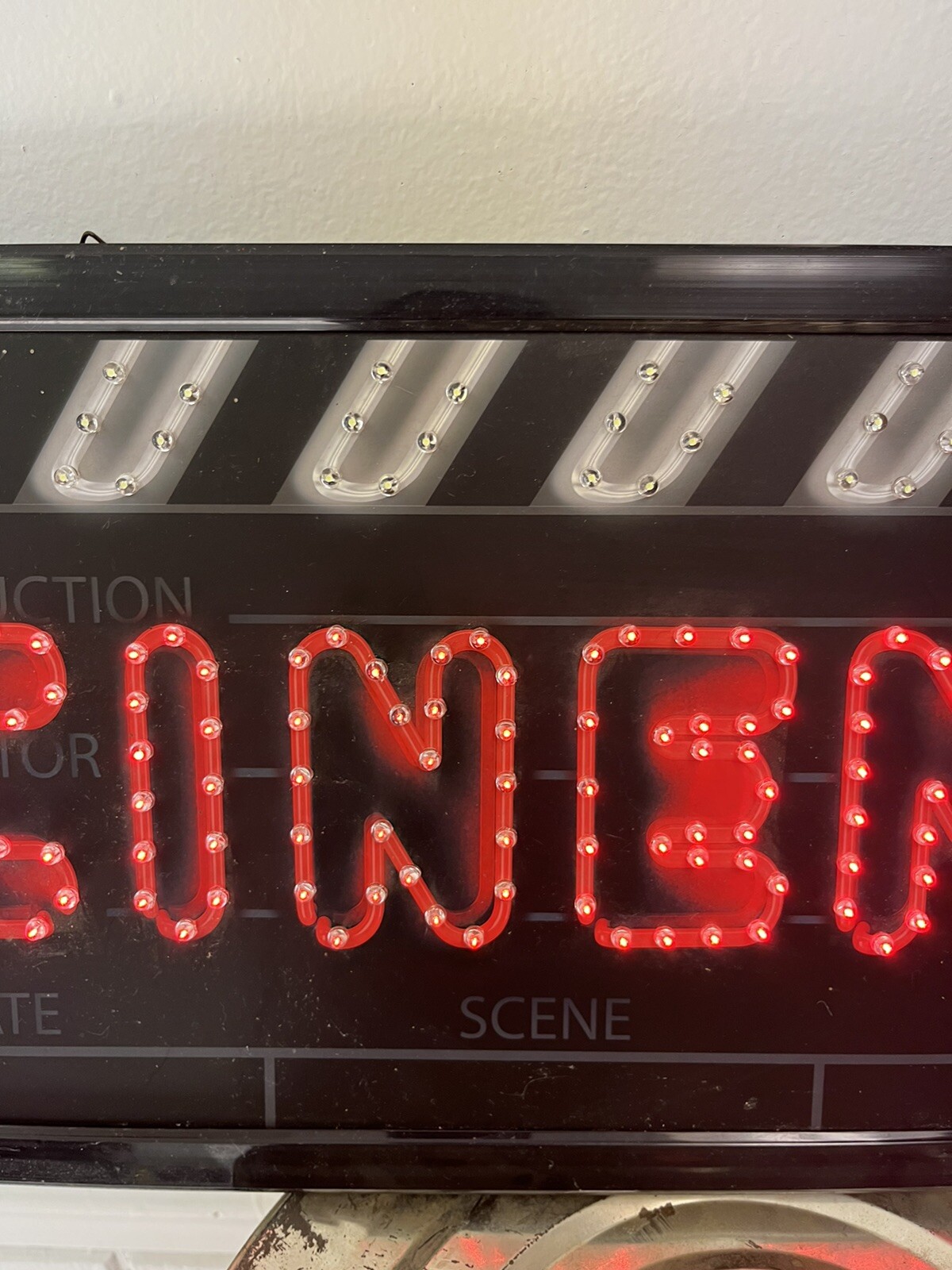 Light Up Cinema Sign . Black With Red And White Lights.