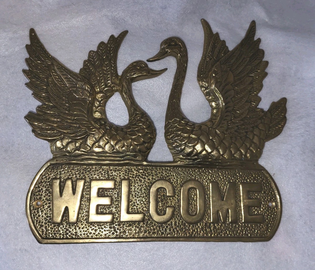 Vintage Solid Heavy Brass Welcome Sign Pair of Swans Door Wall Mount