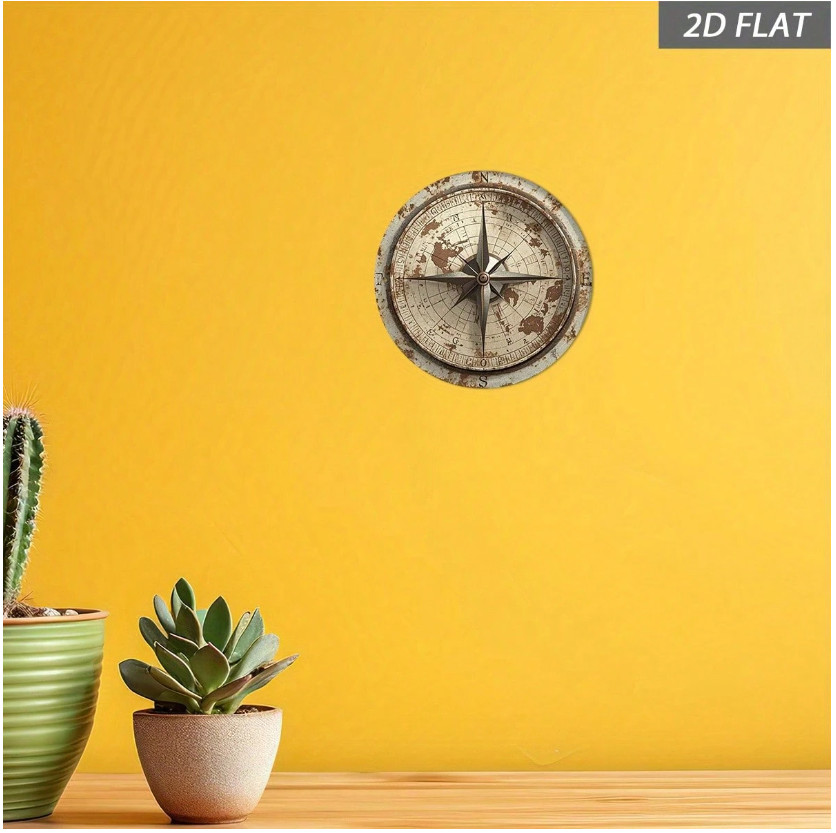 A Retro Compass Wall Decoration 8X8 in Circular Aluminum Sign Featuring A Weath