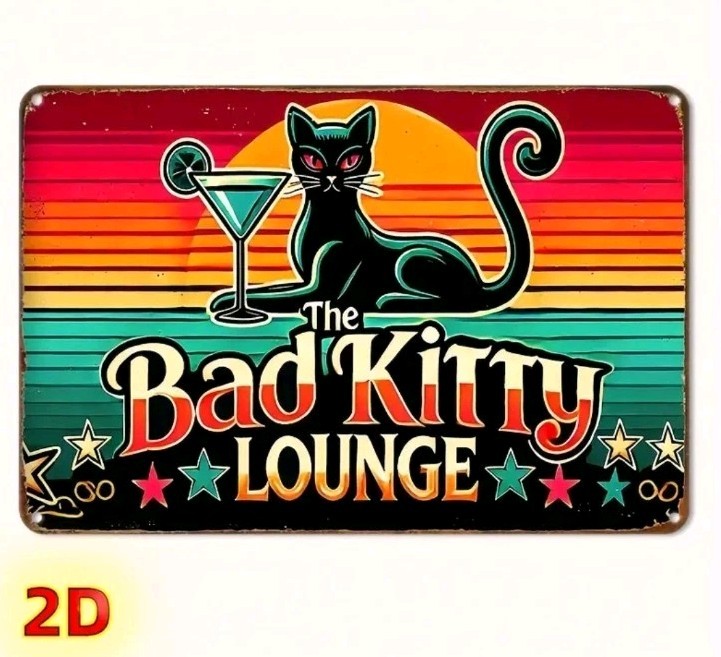 Vintage Retro Black Cat Martini Tin Sign Bad Kitty Lounge Metal Wall Decor 8×12