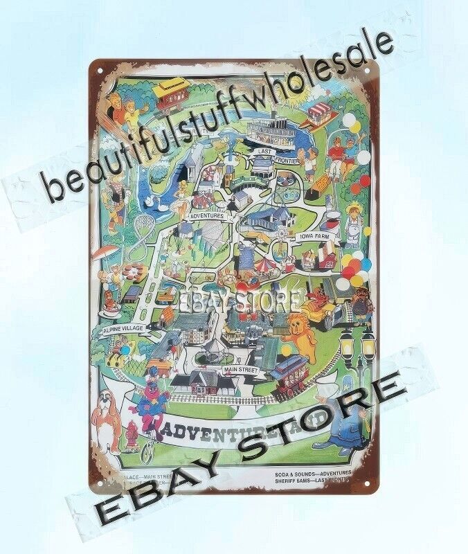 1976 ADVENTURELAND amusement park map Des Moines Iowa metal tin sign wall decor