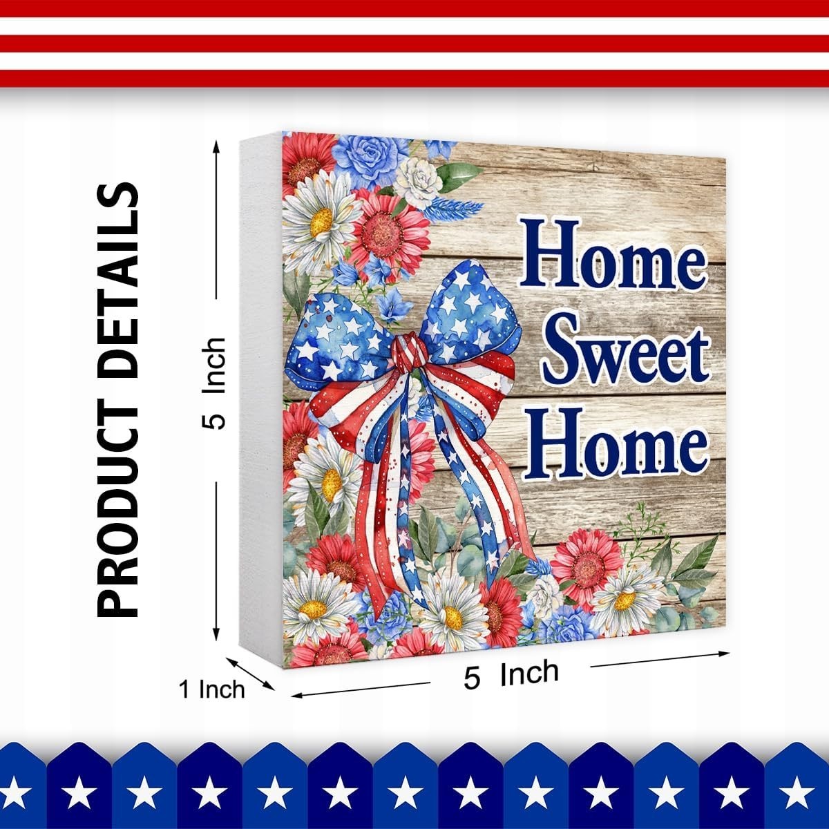 Patriotic 5» Square Sign – Elegant Tabletop Decor for Holiday Celebrations
