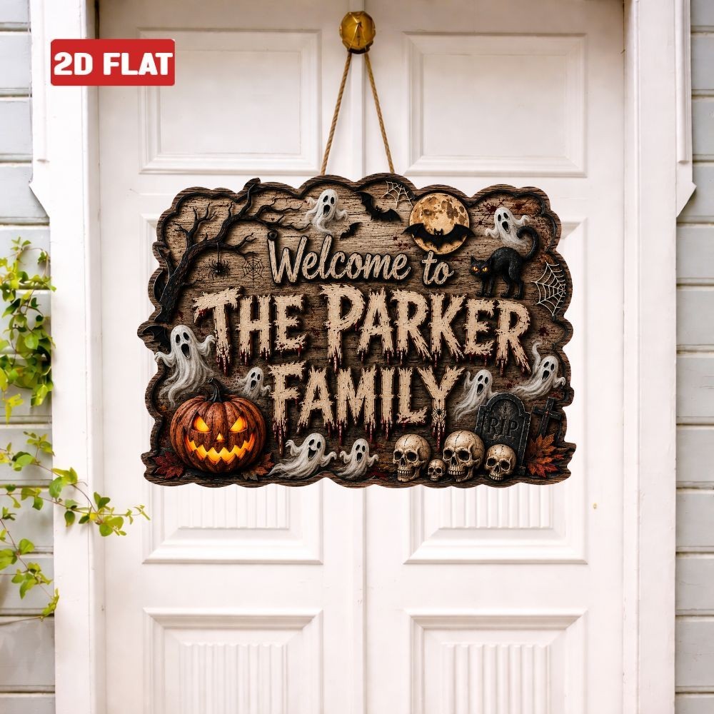 Personalized Halloween Door Sign, Spooky Ghost Skull Pumpkin Porch Door Hanger