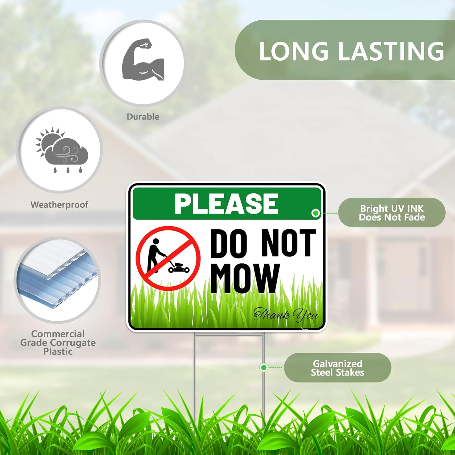 2PC Do Not Mow Sign with Stake 12 Inches by 9 Inches – Corrugated Plastic
