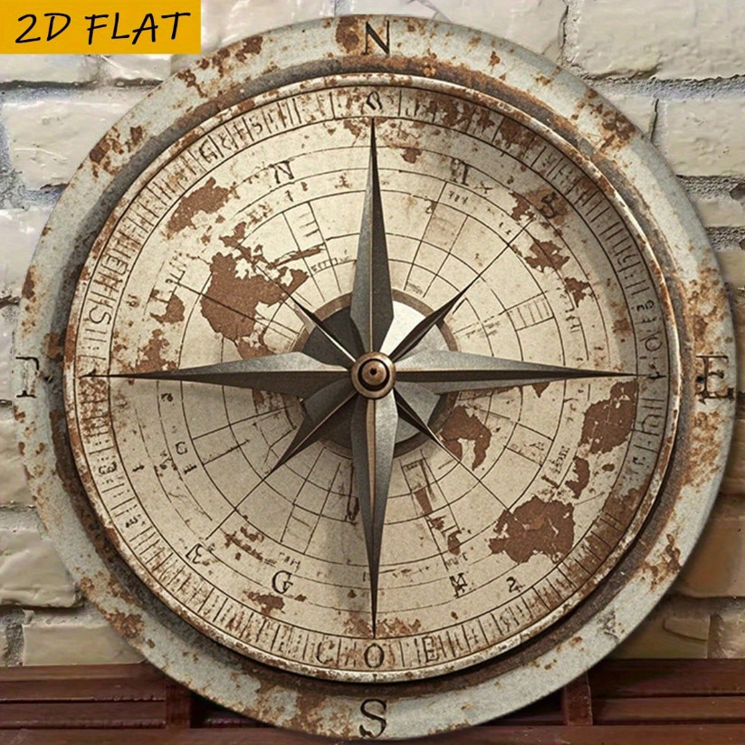 A Retro Compass Wall Decoration 8X8 in Circular Aluminum Sign Featuring A Weath