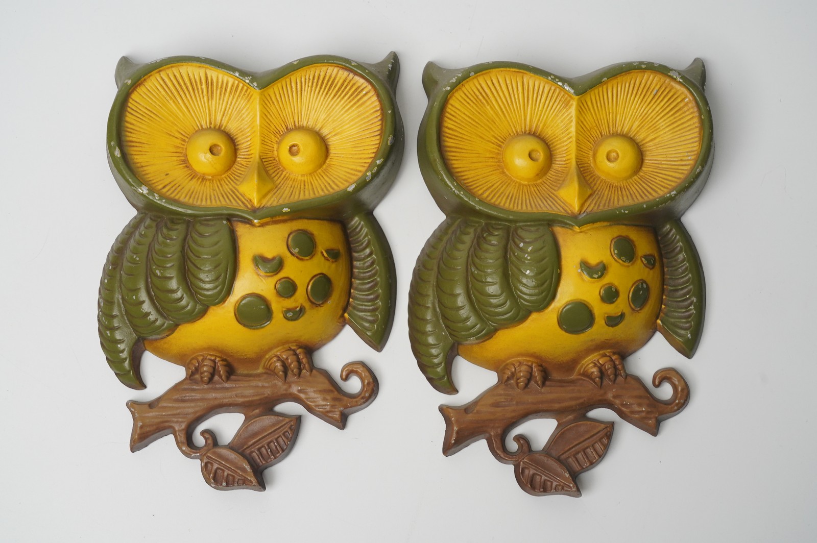 Vintage Sexton 1970 Cast Metal Owl Wall Plaques Set of 2