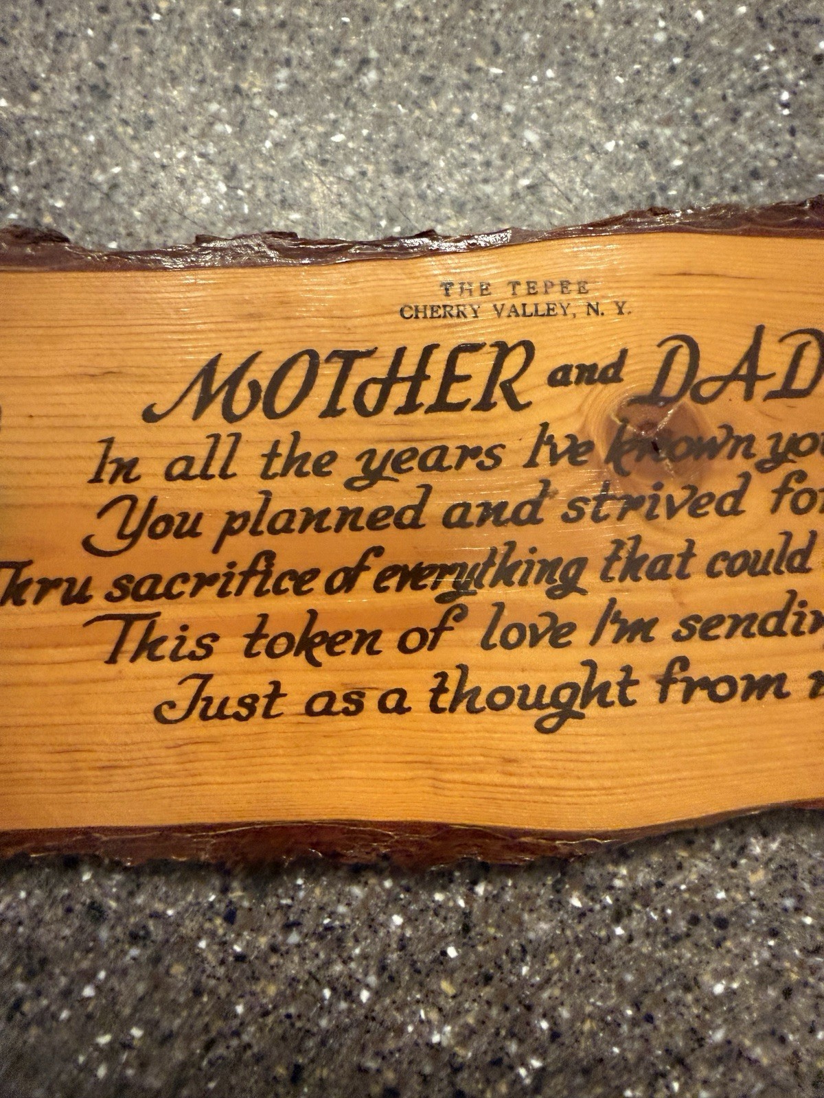 VTG Rustic Handcrafted Mother and Dad Plaque Sign Souvenir CherryVally NY9.5”x4”