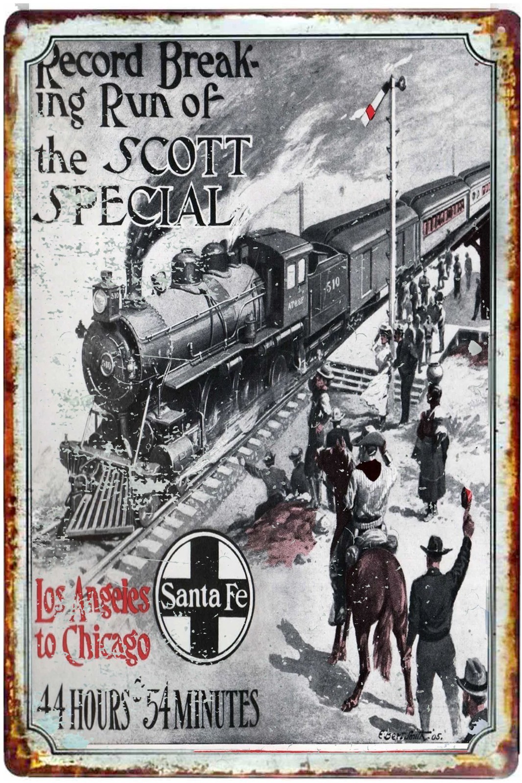 Santa Fe Scott Train LA Chicago 44hrs Tin Sign Size to 12 x18 Travel Advertising